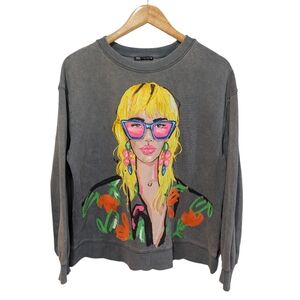 Zara Graphic Print Gray Crew Neck Sweatshirt Size Medium
